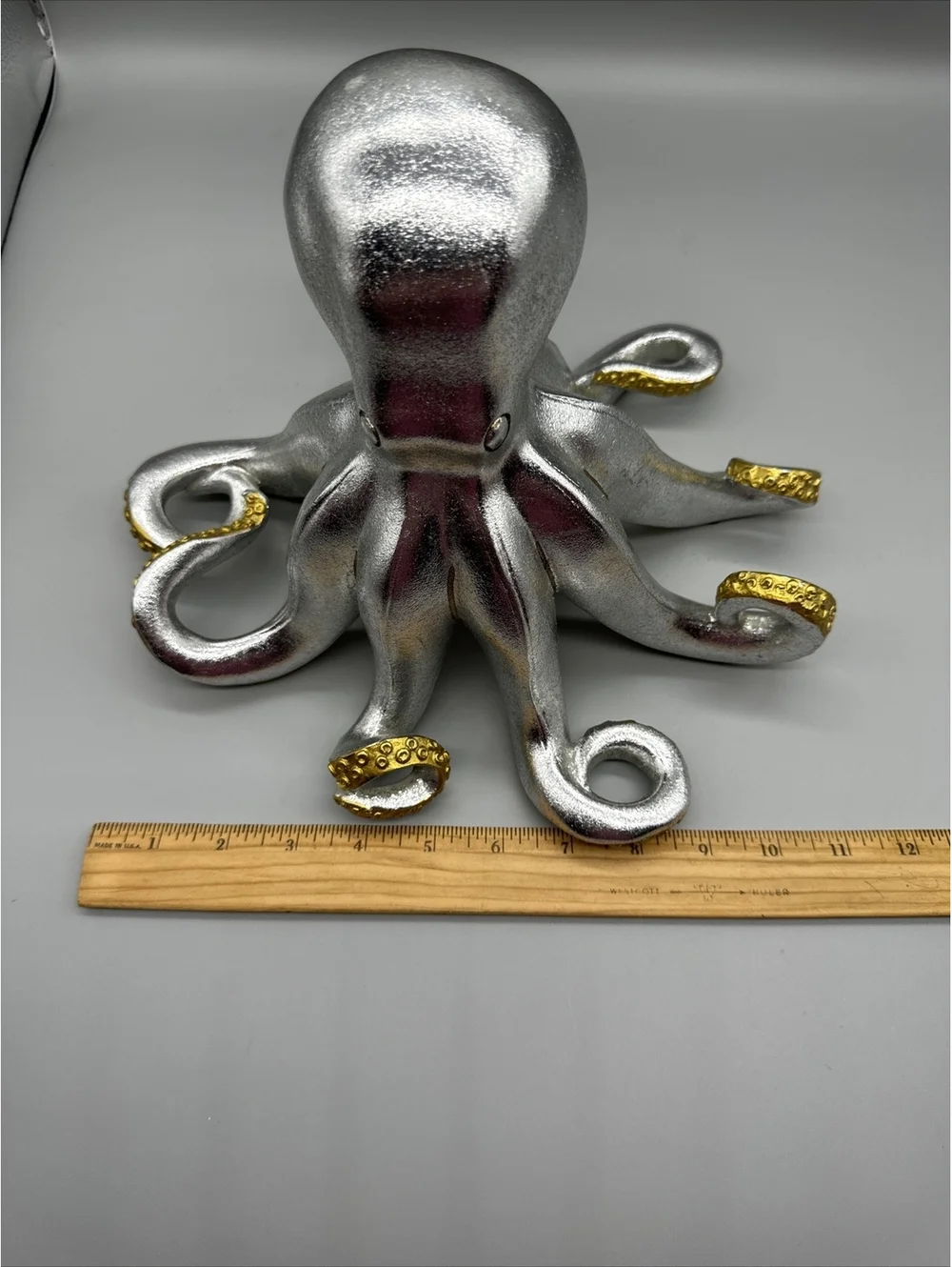 Shiny Silver Gold Octopus Statue Art Resin Nautical Sea Life Figure 8.5x11x10”